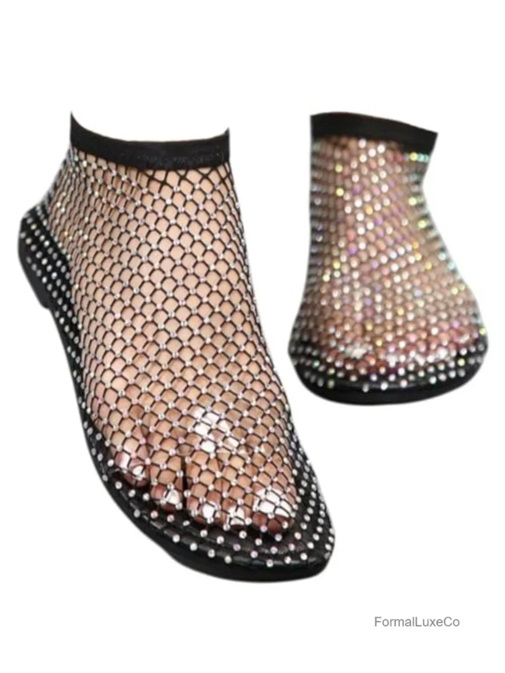 Breathable Mesh Rhinestone Flats Slip On Low Heel Sandals Women Fishnet